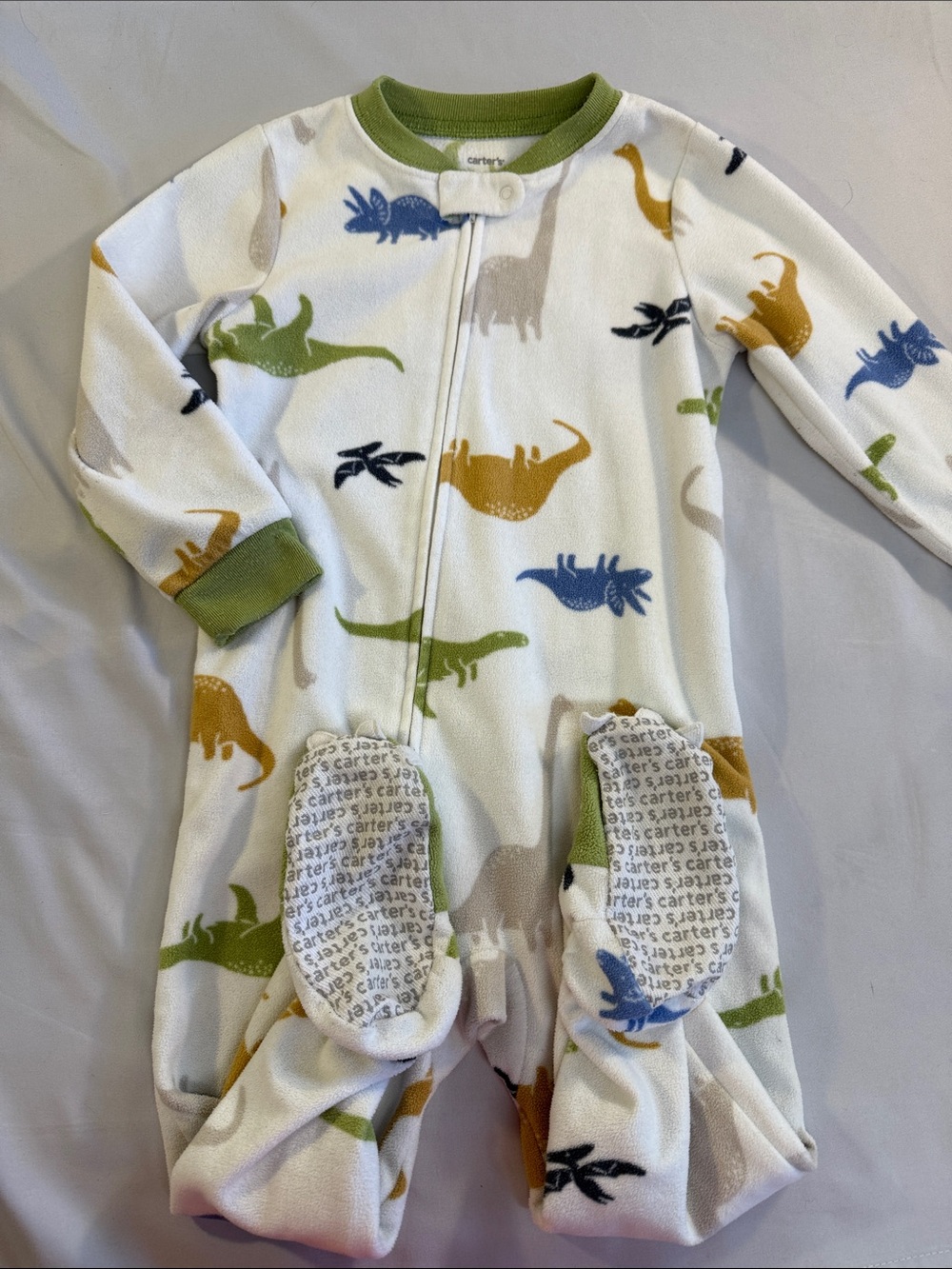 Carter's - Cream Fleece Onesie Sleeper with Olive Trim and dinosaur pring